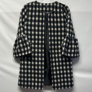Lipslide Women’s Buffalo Plaid No-Collar Coat Black White Ruffle Bell Sleeves M